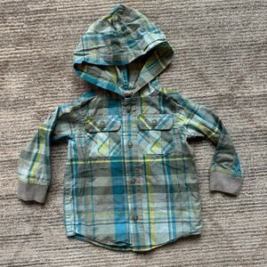 Tea Collection Hooded Plaid button front shirt 12-18 mos green blue yellow